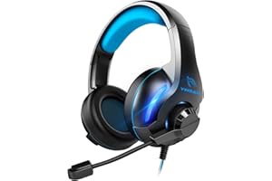 YINSAN Cuffie Gaming con Microfono per PS5 PS4 PC Xbox One Nintendo Switch Xbox, Cuffie da Gioco Cablate Over Ear con Cancellazione del Rumore, Stereo Bass Deep, LED Luce, Leggero, Blu