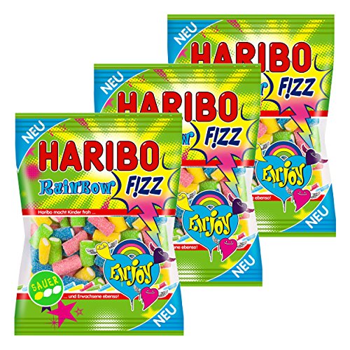 Haribo Rainbow Fizz, 3er Set, Gummibärchen, Weingummi, Fruchtgummi, Sauer, 3 Beutel zu je 175 g