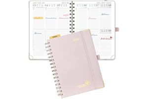 POPRUN Agenda 2026 Semana Vista Espiral Medio 21,5 x 16 cm, Tapa Dura en Planificador 12 Meses de Ene 2026 a Dic 2026, Regla de Plástico, 100 GSM Papel, ‌Rosa Claro