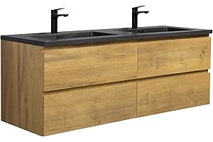 BADPLAATS B.V. Badezimmer Badmöbel Set Angela 140 cm - Schwarzes Waschbecken - Eiche - Unterschrank Schrank Waschbecken Waschtisch