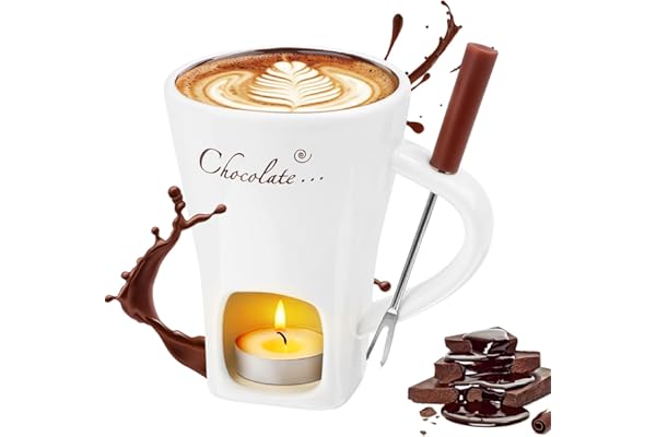 Wvu & Wvo Set à fondue au chocolat en céramique, 200 ml, tasse à fondue au chocolat, tasse pour faire fondre le chocolat, set à fondue avec fourchette et bougie chauffe-plat pour fromage, chocolat,