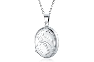 Bling Jewelry Personalized Engrave Vintage Style carved Floral Leaf Photo Oval Shape Lockets For Women That Hold Pictures .925 Silver Locket Necklace Pendant Sm Med LG