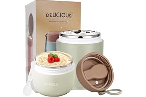 Chedin Bicchiere per cereali To Go con coperchio, in acciaio inox, 730 ml, a prova di perdite, con cucchiaio e coperchio, doppio strato, perfetto per lavoro (verde)