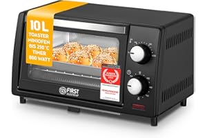 ‎TZS FIRST AUSTRIA TZS First Austria - Minibackofen 10L 800W - Mini Backofen stufenlose Temperaturregelung bis 230°C - Miniofen 60 Min. Timer, 2 Einschubhöhen, Backblech & Grillrost - Für kleine Küchen & Camping