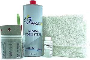 WAGA PAINT S.R.L. Kit Vitre Complet Kit de Réparation Fibre de Verre Résine Polyester 1KG + Fibre de Verre - Réparations Nautiques, Carrosserie Auto, Motos, Camping Car - Waga Paint Tecniques