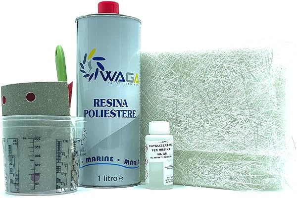 WAGA PAINT S.R.L. Kit Vitre Complet Kit de Réparation Fibre de Verre Résine Polyester 1KG + Fibre de Verre - Réparations Nautiques, Carrosserie Auto, Motos, Camping Car - Waga Paint Tecniques