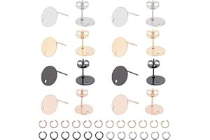 UNICRAFTALE 40pcs 4 Colors Flat Round Stud Earrings Stainless Steel Ear Stud Components 0.8mm Pin Flat Round Earring Post with Ear Nuts Findings for Dangle Earrings Jewelry Making