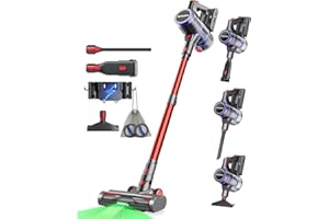 VACTechPro 48000Pa/550W/70Min Aspirateur Balai sans Fil, 1.6L Aspirateur sans Fil avec Filtration à 8 Couches, Très Silencieux Aspirateur avec Brosse à Sol Anti-Tangle, Aspirateur Balai, Rouge