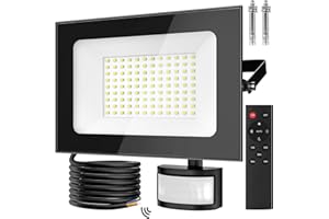 papasbox Reflektor LED 100 W z czujnikiem ruchu | zewnętrzny reflektor zewnętrzny z pilotem zdalnego sterowania | 6500 K zimna biel IP66 wodoszczelny reflektor do ogrodu, garażu, na boisko sportowe