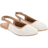 Shoetopia Women’s Slingback Ballet White Flats – Cap Closed Toe Casual Ballerina Shoes with Adjustable Back Strap & Cushioned
