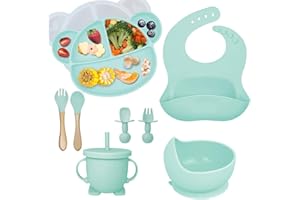 HOIDOKLY Set Pappa per Bambino,9 Pezzi Senza BPA Set Pappa Antiscivolo,Silicone Set Pappa Svezzamento Bambini, Lavabile in Lavastoviglie e Adatto al Microonde per Neonati e Bambini-Verde