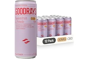 GOODRAYS CBD Drinks, Sparkling Low Calorie Soft Drink, Natural Sleep Stress and Anxiety Relief, Vegan, Passionfruit & Pomelo, 12 x 250ml Cans, Packaging May Vary