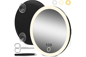 HMGGOOFA 10X Magnifying Mirror with Light, 10X Magnifying Mirror with 3 Suction Cups, 3 Color Dimmable Lighted Makeup Magnifying Mirror, 6'' Travel Magnifying Mirror, 10X Magnification with Tweezers & Scissors