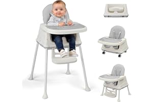 LALAHO 3-in-1 Baby High Chair, Portable Adjustable Height Feeding Highchair with Removable Dual-Layer Tray, 5-Point Safety Harness and Locking Wheels for Toddlers & Babies, Grey