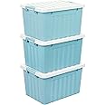 Cetomo 15L*3 Storage Boxes with Lids, Plastic Storage Bins with Latching Buckles, Click Closure, Stackable, Nesting, Organizer for Home Office Clothes, Blue, 15L-3 Pack