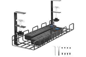 SEGNAYEN Under Desk Cable Management Tray No Drill, Cable Tray Under Desk, Metal Standing Desk Wire Organizer Basket Clamp for Office Home Cord Tidy Rack, Black,1PCS