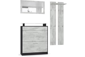 Vladon Loret Mini Hallway Set, with 1 Shoe Cabinet, 1 Wall-Mounted Mirror and 2 Coat Rack Panels, Black matt/Concrete Grey Oxide