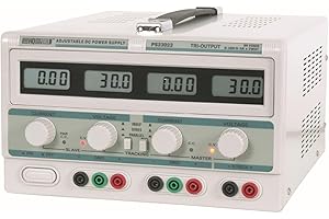 Velleman Alimentation de Laboratoire, réglable, 2 x 0-30 VCC/0-3 A, + 5 VCC Fixe/3 A, limitation de Courant, Protection Contre Les Courts-Circuits, 4 afficheurs LCD, Gris