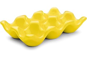 Flexzion Vassoio per uova in ceramica da 6 tazze – Mezza dozzina di porta uova in porcellana contenitore custode organizer decorativo da portata per frigorifero, frigorifero, bancone, cucina (giallo)