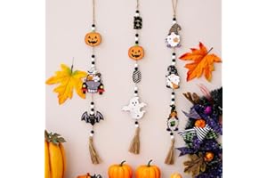 Winmany 3PCS Halloween Wooden Bead Signs Trick or Treat Wood Bead Fall Garland Tassel Pumpkin Bat Ghost Tag Boho Ornament Wall Hanging Decor for Home Farmhouse Shelf