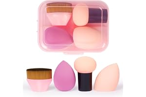 AUAUY Set med 4 st sminksvampar, blandare, professionellt skönhetssvampset med förvaringsbox, 2 skönhetsblandare, 1 svamppulverpuff och 1 grundborste, torr och våt användning för kräm, vätska och
