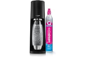 SodaStream TERRA - Máquina de agua con gas y soda | Pack 1 botella de 1 l, acabado de acero inoxidable compatible con lavavajillas + 1 recarga de gas de 60 l para clips, color negro