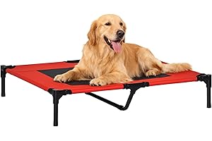 PawHut Cama Elevada para Perros Gatos Portátil Cama para Mascotas con Zona de Malla Transpirable y Tela Oxford para Interior Exterior 91,5x76,2x18 cm Rojo
