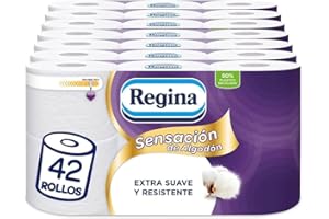 REGINA SENSACIÓN DE ALGODÓN Regina Papel Higiénico Sensación de Algodón, 42 Rollos, 173 Hojas de 3 Capas, Con Loción de Extracto de Flor de Algodón, Para Todo Tipo de Piel, Embalaje Reciclable, Extra Suave y Resistente