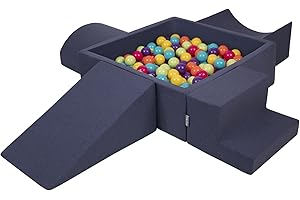 KiddyMoon Foam Playground with Square Ball Pit (300 Balls), Obstacle Courses, Dark Blue: Light Green/Yellow/Turquoise/Orange/Dark Pink/Purple