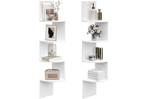HOOBRO Corner Shelf, Wall Shelf, Set of 2 Floating Corner Shelves for Wall, 4-Tier Corner Bookshelves for Living Room, Bedroom, Bathroom, Home Office, White EWT25BJP201