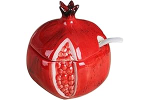 KNBG Zuccheriera in ceramica a forma di frutta, saliera e pepe, con coperchio e cucchiaio, scatola per condimenti (melograno rosso)