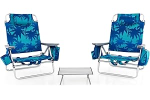 GIANTEX Chaises de Plage Pliable 3 Pcs, Chaises de Camping 5 Positions avec Dossier Haut et Table Enroulable, Chaise de Jardin Inclinables Charge 136 KG(Bleu foncé)