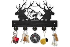 MAYJOYDIY Deer Mountain Forest Coat Hooks Wall Mounted 30×20cm Black Wooden Deer Key Holder for Wall 5 Alloy Hooks Wall Art Decor Deer Hangers for Towel Key Kitchen Bedroom Entryway Gifts