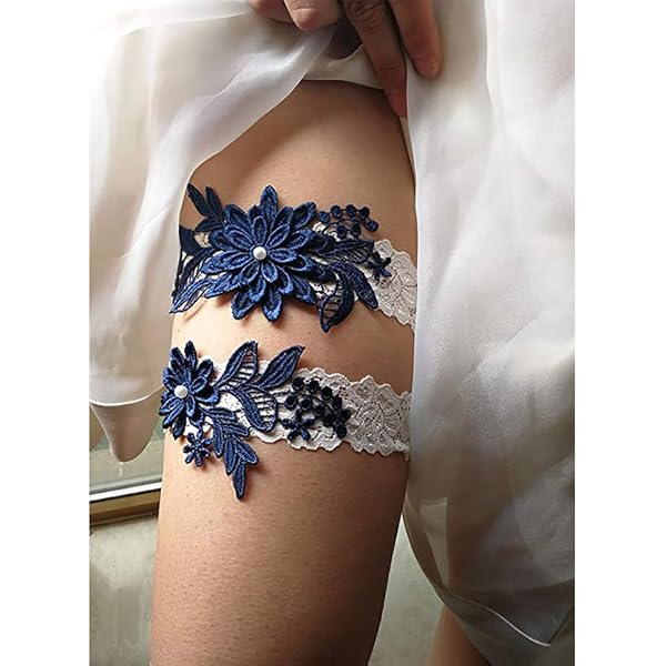 Giarrettiere Da Sposa In Pizzo - Set Da 2 Pezzi, Bianco, Con Strass Blu E Fiori - Foto 2