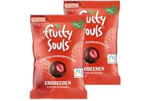 FruitySouls - Gefriergetrocknete Erdbeeren mit Zartbitter Schokolade | 2 Pack (160g) | Vegan | Schokolierte Früchte | Gefriergetrocknete Früchte mit knackigem Zartbitter-Schokomantel | Schokofrüchte
