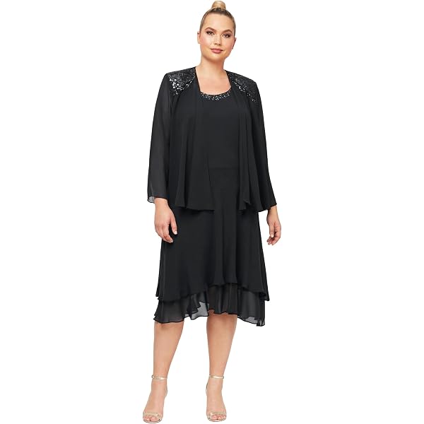 S.L. Fashions Women's Plus Size Embellished Tiered Jacket Dress