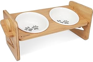 Navaris Alza-Ciotola Regolabile in Legno - 4X Altezze Diverse per Gatto e Cane Taglia Medio-Piccola - 2X Scodella in Ceramica 380ml Ø13.7cm - Pet-Bowl