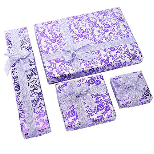 RKC Jewelz x 4 Pcs Mixed Size Set of Beautiful Sparkling Ribbon Jewellery Gift Boxes for Necklace Bracelet Earrings Charms Wholesale Sets (Purple)