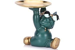 RuiDay Statua Del Bulldog Francese con Vassoio in Acciaio Inossidabile, Decorazioni Casa, Svuotatasche, Svuota Tasche da Ingresso Design, Porta Caramelle, Chiave Portaoggetti (Verde)