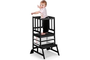 COSYLAND Tour d’Observation Montessori pour Enfant, Hauteur Réglable, en Bambou Naturel, Sûr et Stable, Chaise d’Apprentissage Bébé dès 18 Mois - Classic Black