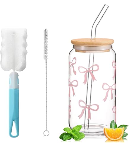 Trinkbecher Glas Mit Deckel Trinkbecher Mit Deckel & Strohhalm – 16 Oz Glas Mit Schleifen-Design, Vielseitig Für Bubble Tea, Kaffee, Cocktail, Rosa