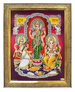 Koshtak Maa laxmi/Lakshmi with Ganesh ji and Saraswati maa Photo Frame with Unbreakable Glass for Wall Hanging/Gift/Temple/puja Room/Home Decor and Worship