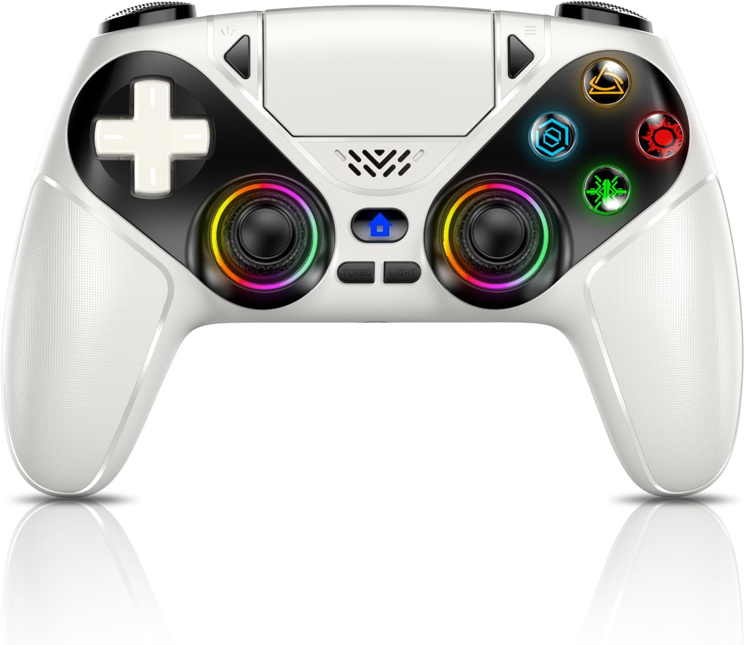 Gamrombo RGB Wireless Controller for PS5/Pro/Slim & PCs, Bluetooth Gamepad with Back Buttons, Touchpad, Macro, Turbo, Dual Vibration, 6-Axis Sensor, Speaker, 3.5mm Audio Jack, White