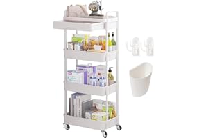 Wuciray Beauty Trolley on Wheels 4 Tier Storage Trolley with Drawer Plastic Beauty Trolleys Rolling Utility Cart for Home Kitchen Bathroom Laundry Office White Storage Trolleys on Wheels