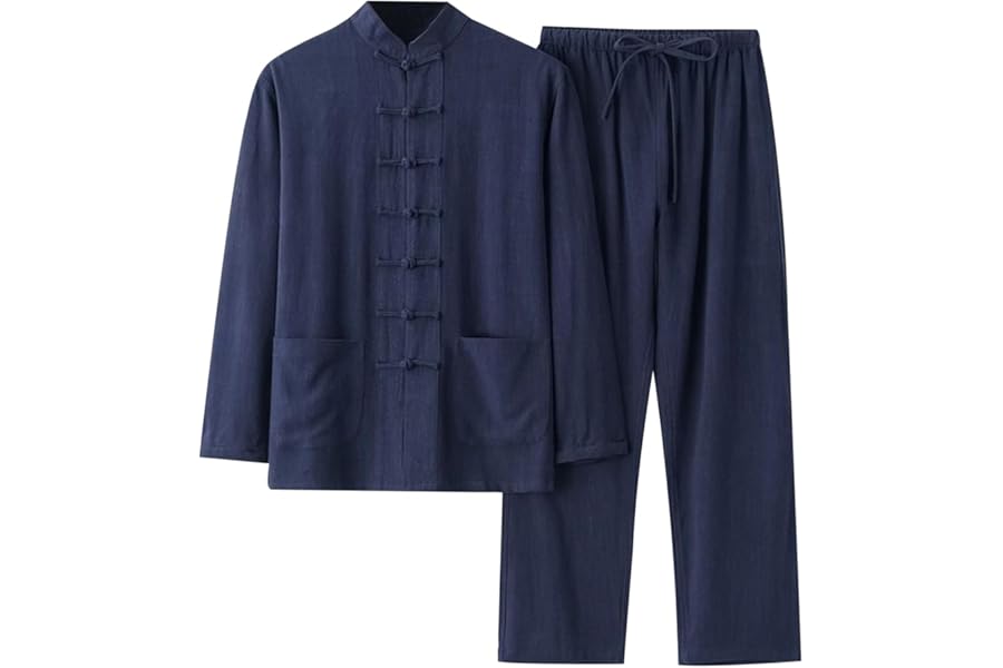Men's Chinese Style Traditional Kung Fu Tai Chi Linen Suit 2-Piece Long Sleeve Cotton Linen Shirt and Trousers Lightweight Breathable Summer Leisure Suit Jogging Suit