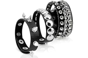 JAWUZ Bracelet punk orné,3 pièces de rivets bracelet en cuir noir gothique rock ensemble, brassard réglable pour les hommes femmes cosplay party