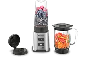 Moulinex Blender, Mini mixeur compact, 400 W, Technologie Powelix, Lames amovibles, 2 vitesses, Contrôle de la texture, Verseuse en verre, Bouteille à emporter en Tritan, Pulseo, Métal LM17GD10