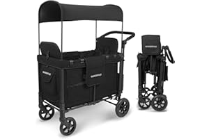 WONDERFOLD W2 Original Double Stroller Wagon Featuring 2 High Face-to-Face Seats with 5-Point Harnesses, Easy-Access Front Zipper Door, and Removable UV-Protection Canopy, Black