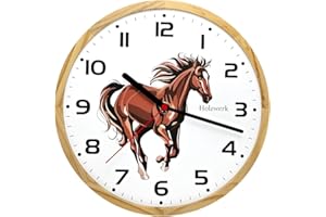 ‎HOLZWERK GERMANY Holzwerk Germany Kinder-Wanduhr Kinder Jungen Mädchen aus Holz lautloses Uhrwerk ohne Ticken tickgeräusche Pferde Tier Uhr lautlos 24,7 cm Durchmesser Braun Weiss mit Pferde Motiv (Braun)