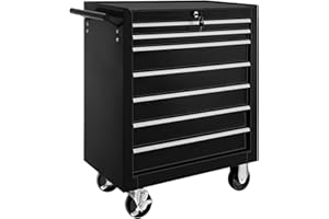 ‎TECTAKE tectake Werkzeugwagen, Werkstattwagen, rollende Werkstatt, Werkzeugwagen leer, Werkzeugbox, 7 Schubfächer, 69 x 33 x 79 cm, Rollen mit Bremsen, inkl. 2 Schlüssel - schwarz